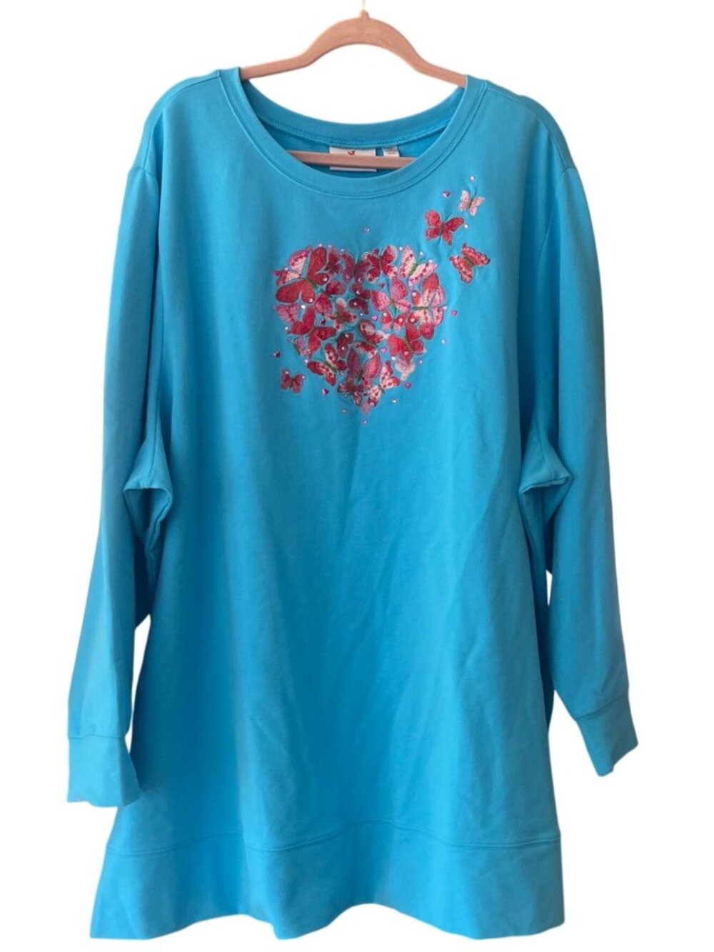 Aqua Quaker Factory Long-sleeve t-shirt 4x Heart & Butterfly Embroidery Sequins